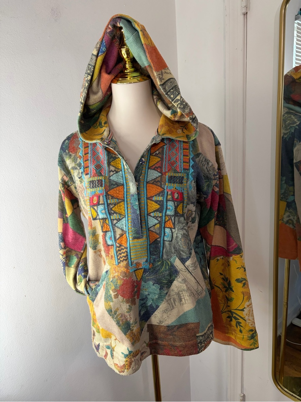 Johnny Was Multicolor Patchwork Embroidered Hooded Half-button boho Sweatshirt